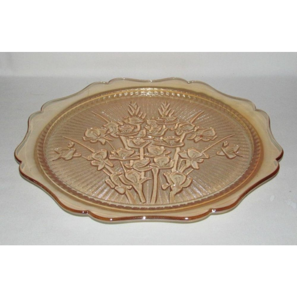 Jeannette Glass IRIS AND HERRINGBONE Marigold Iridescent Large Sandwich Plate